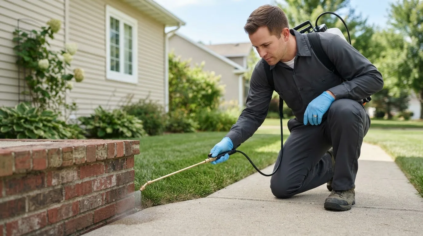 Pest control technician treating a home near Cotton Center, TX