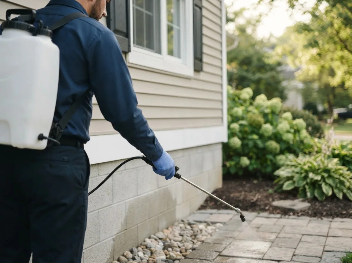 Pest control technician inspecting a home in Cotton Center, TX